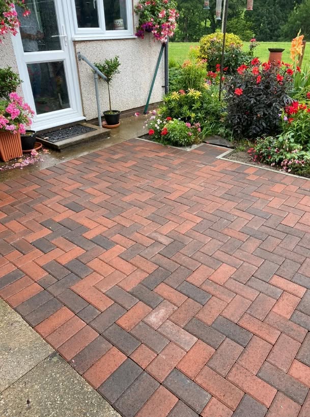 Red and brindle block paved patio North Wales