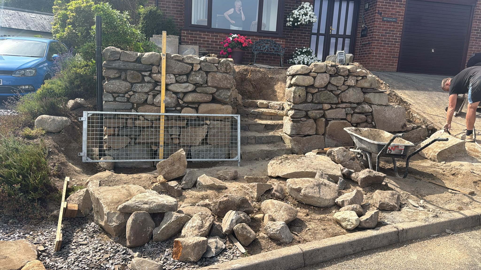 Completed natural stone wall and steps in Criccieth